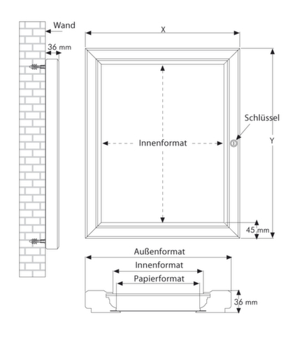 Flachschaukasten mit magnethaftender Rückwand Technische Zeichnung 1 L