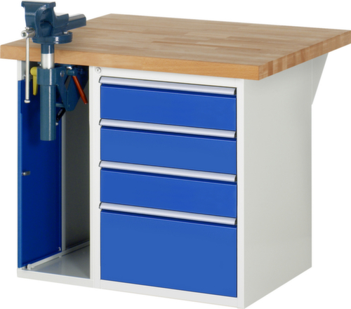 RAU Werkbank Serie 7000 mit Containergestell, 4 Schubladen, 1 Schrank, 1 Schraubstock, RAL7035 Lichtgrau/RAL5010 Enzianblau