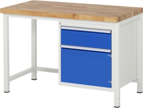 RAU Höhenverstellbare Werkbank Serie 8000, 1 Schublade, 1 Schrank, RAL7035 Lichtgrau/RAL5010 Enzianblau