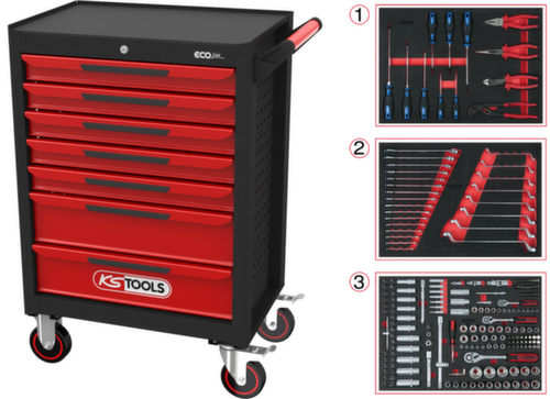 KS Tools ECOline SCHWARZ/ROT Werkstattwagen mit 7 Schubladen und 215 Premium-Werkzeugen