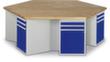 RAU Gruppenwerkbank Serie 4000, je Block 2 Schubladen, 1 Schrank, RAL7035 Lichtgrau/RAL5010 Enzianblau