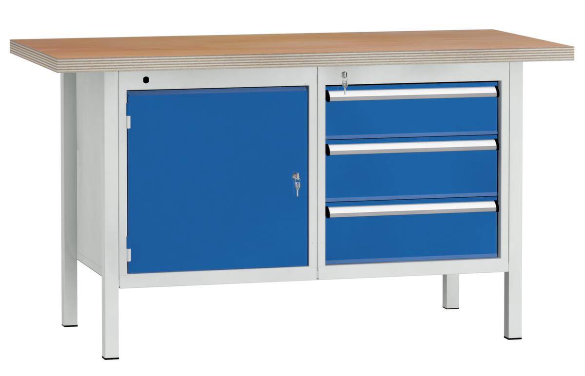 KLW Lutz Werkbank in RAL7035/5010, 3 Schubladen, 1 Schrank, RAL7035 Lichtgrau/RAL5010 Enzianblau