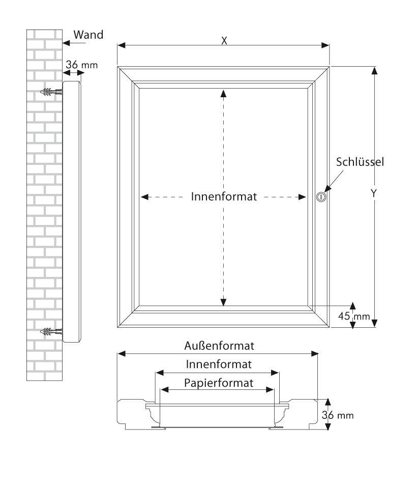 Flachschaukasten mit magnethaftender Rückwand Technische Zeichnung 1 ZOOM