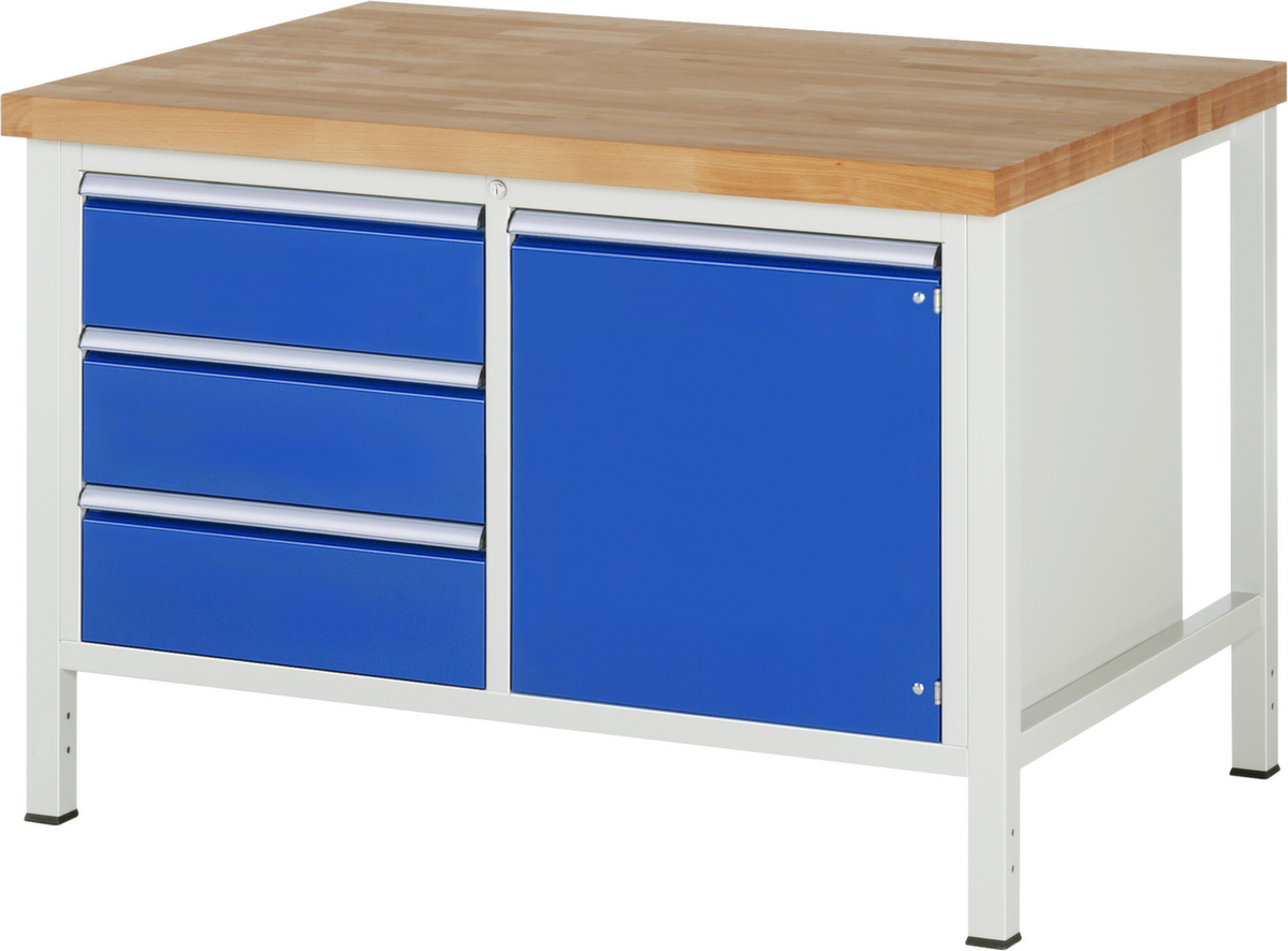 RAU Höhenverstellbare Werkbank Serie 8000, 3 Schubladen, 1 Schrank, RAL7035 Lichtgrau/RAL5010 Enzianblau