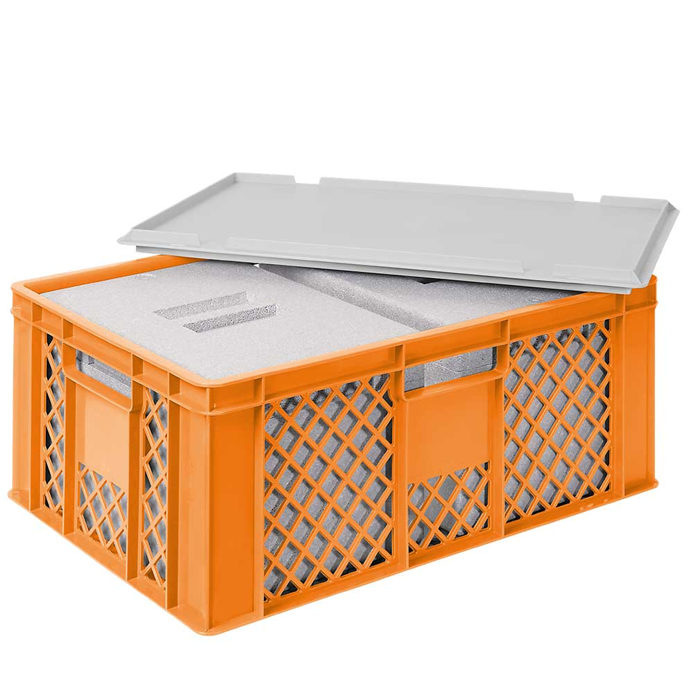 Euronorm-Stapelbehälter mit 2 Isolierboxen, orange, Inhalt 43 l, Auflagedeckel für Isolierbox Standard 1 ZOOM