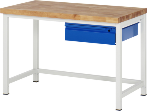 RAU établi à hauteur réglable Serie 8000 avec plateau en hêtre, 1 tiroir, RAL7035 gris clair/RAL5010 bleu gentiane