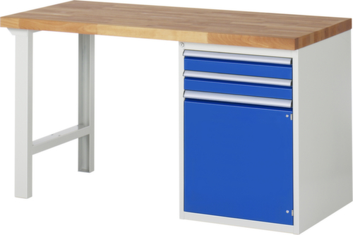 RAU établi Serie 7000 avec piètement en blocs à tiroirs, 2 tiroirs, 1 armoire, RAL7035 gris clair/RAL5010 bleu gentiane