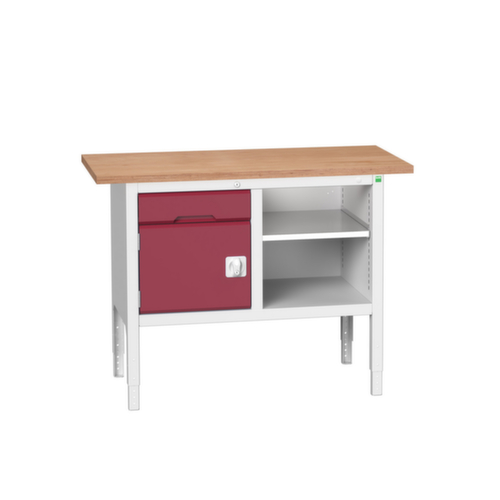 bott bloc établi à hauteur réglable verso, 1 tiroir, 1 armoire, 1 tablette, RAL7035 gris clair/RAL3004 rouge pourpre