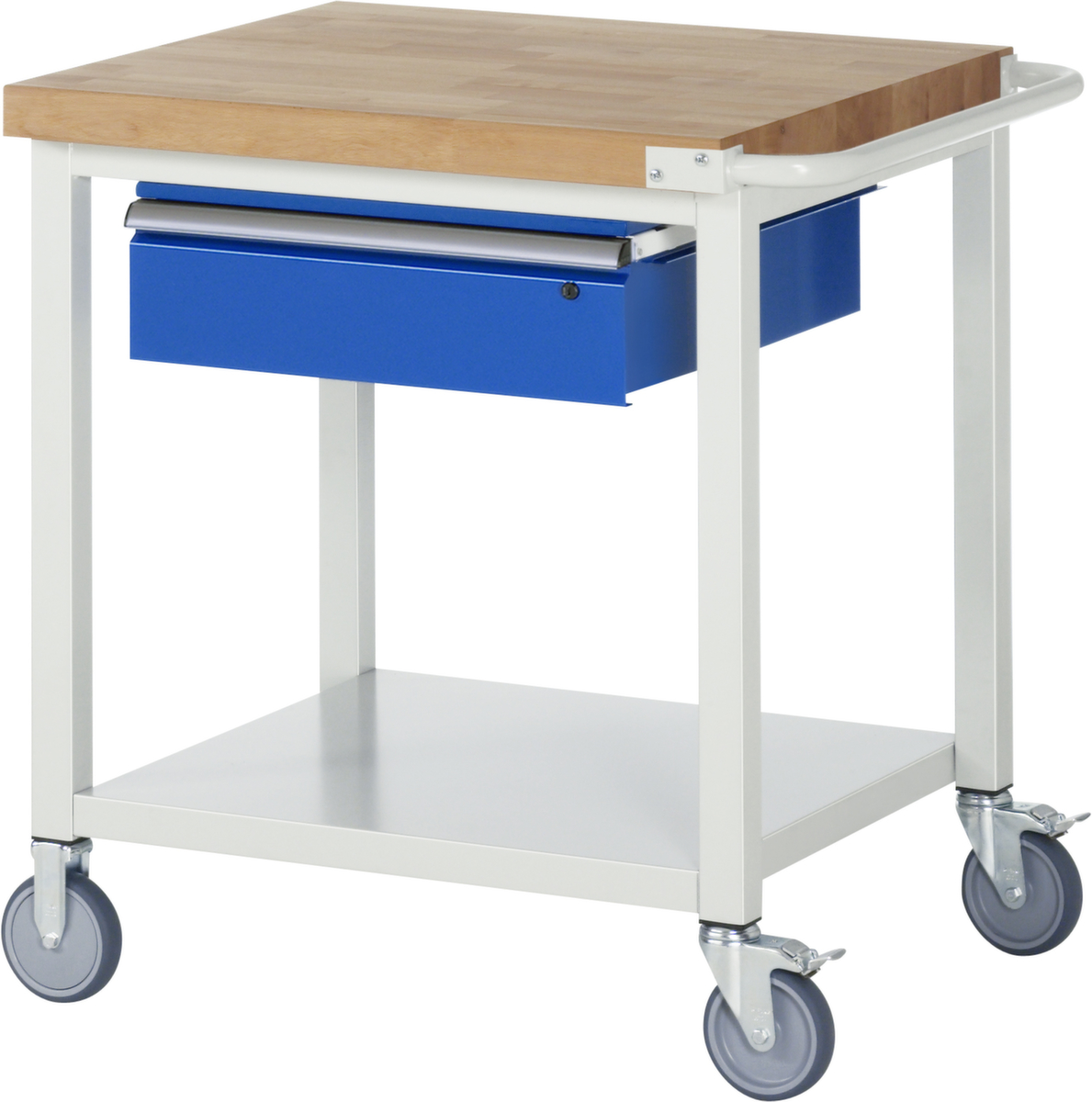 RAU Établi mobile Serie 8000, 1 tiroir, 1 tablette, 1 barre de poussée, RAL7035 gris clair/RAL5010 bleu gentiane