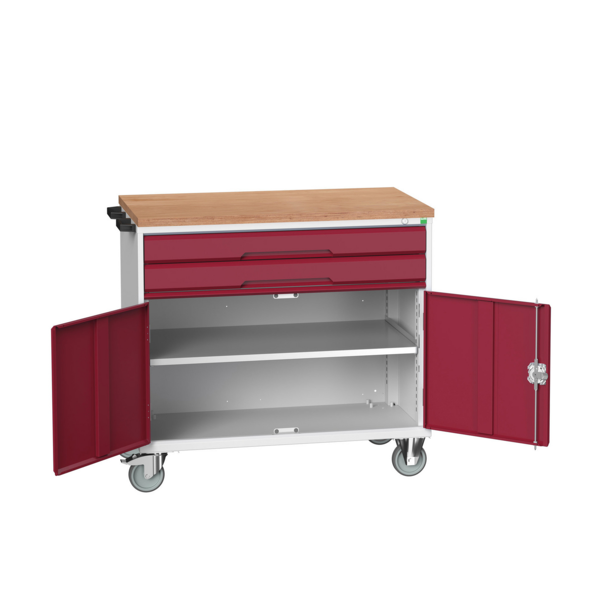 bott Chariot à outils verso, 2 tiroirs, 1 armoire, RAL7035 gris clair/RAL3004 rouge pourpre