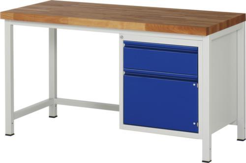 RAU höhenverstellbare Werkbank Serie 8000 mit Bucheplatte, 1 Schublade, 1 Schrank, RAL7035 Lichtgrau/RAL5010 Enzianblau