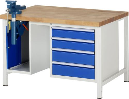 RAU Höhenverstellbare Werkbank Serie 8000 mit Schraubstock, 4 Schubladen, 1 Schrank, 1 Schraubstock, RAL7035 Lichtgrau/RAL5010 Enzianblau