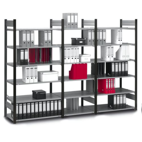 hofe Etagère à dossiers sans vis pour une utilisation des deux côtés, 5 tablettes, RAL9005 noir foncé/RAL9006 aluminium blanc