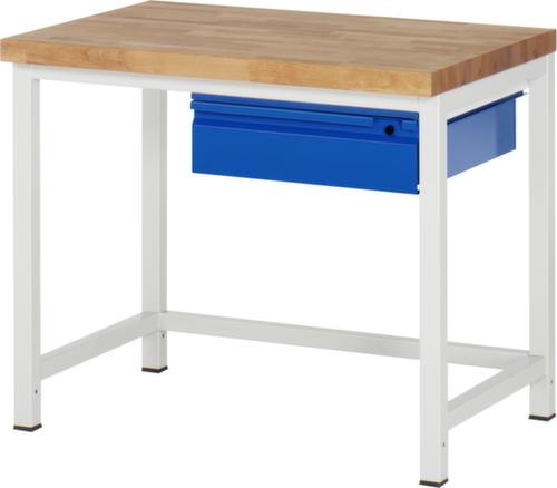 RAU établi à hauteur réglable Serie 8000 avec plateau en hêtre, 1 tiroir, RAL7035 gris clair/RAL5010 bleu gentiane