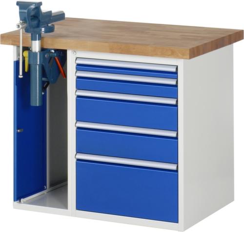 RAU Werkbank Serie 7000 mit Containergestell, 5 Schubladen, 1 Schrank, 1 Schraubstock, RAL7035 Lichtgrau/RAL5010 Enzianblau