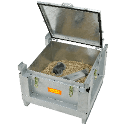 Brandschutzbox mit Löschgranulat zur sicheren Lagerung beschädigter Lithium-Ionen-Batterien