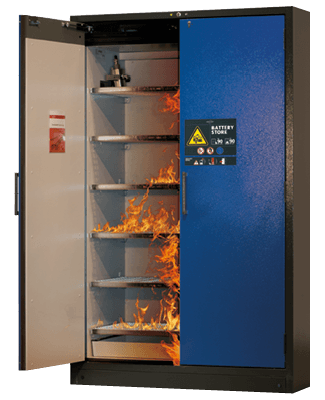 Brandschutzschrank zur sicheren Lagerung von Lithium-Ionen-Akkus mit Brandschutz bei Feuer im Inneren