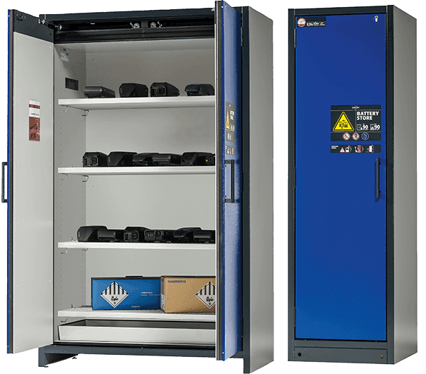 Lithium-Ionen-Akku Sicherheitsschrank Battery Store mit geöffnetem Innenraum und geschlossenem Modell